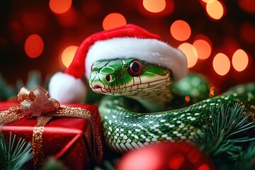 Obraz premium A Green Wooden Snake wearing a Santa Claus hat surrounded by gifts and a Christmas tree on red bokeh Background