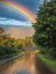 Obraz premium Rainbow after rain background with a blue sky 