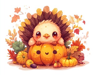 Cute cartoon turkey chick sitting on a pumpkin with autumn leaves.