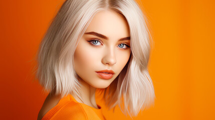 Fototapeta premium Portrait of a serious aggressive blonde teenage girl with white long hair with perfect skin, orange background, banner.