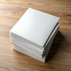Fototapeta premium A neat stack of blank white paper on a wooden table. perfect for showcasing your design or branding.