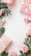 Pink Gift Boxes with Ribbon and Floral Arrangement on White Background with Copy Space