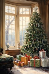 A watercolor of a cozy Christmas morning with gifts under the tree