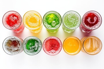Top-down view of ten different colorful drinks in glasses