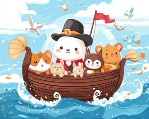 Cute cartoon animals on a boat sailing on the sea.