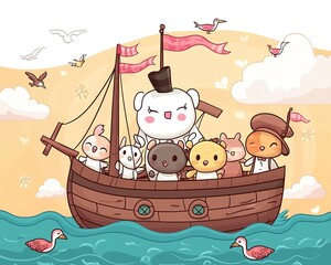 Cute cartoon animals sailing on a boat