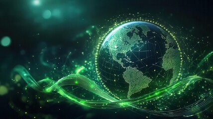 Obraz premium A digital globe surrounded by green energy waves, with CO2 levels decreasing, symbolizing the impact of clean technology on global warming
