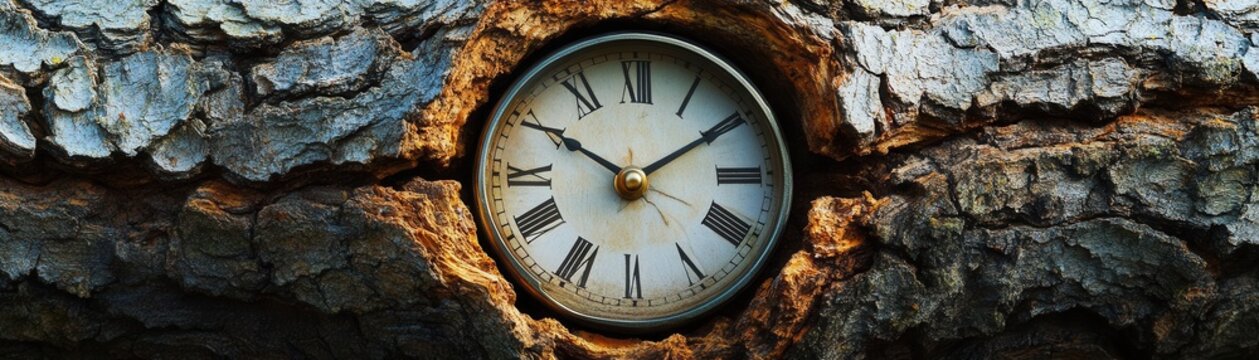 A clock embedded in a tree trunk, showing time running out on CO2 reduction efforts, symbolizing the urgency of action against global warming