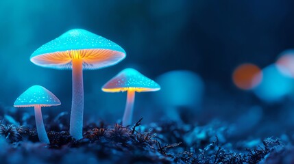 Fototapeta premium Glowing mushrooms in a mystical forest create a surreal and enchanting atmosphere, highlighting nature's beauty and mystery.