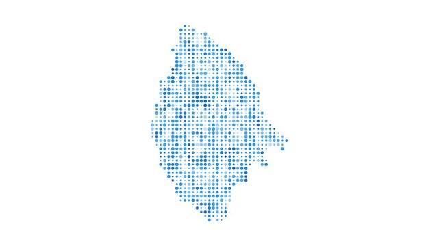 La Digue dotted digital map. Map of La Digue with pulsating colored circles. Shape of the island filled with blue disks. Authentic video.