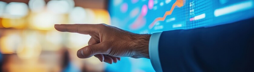 Business Professional Pointing at Digital Financial Data on a Large Interactive Screen in Modern Office