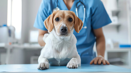 Veterinarian examining a pet in a clinic, caring and detailed,