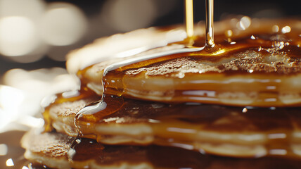 Detailed texture of a fluffy pancake drizzled with maple syrup, capturing the sticky sweetness and golden-brown surface.