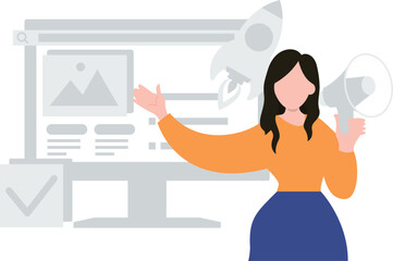 The girl is watching the work on the monitor.