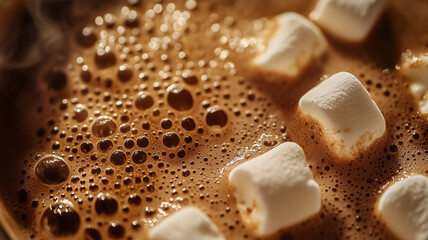 Macro shot of the bubbly, frothy surface of a freshly poured cup of hot chocolate, with a few marshmallows melting into the drink.