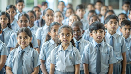 A large group of Indian school children gathered in a school assembly, reflecting discipline and unity in education.