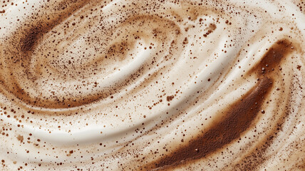 Detailed texture of the surface of a cappuccino, with frothy milk and a dusting of cocoa powder, creating a warm and inviting feel.