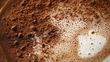 Detailed texture of the surface of a cappuccino, with frothy milk and a dusting of cocoa powder, creating a warm and inviting feel.