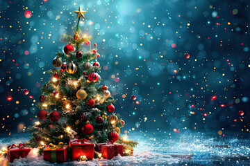Christmas greeting card with bright winter holiday composition and New Year background