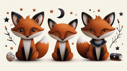 Fototapeta premium Charming illustration of three cute fox characters surrounded by whimsical elements like stars and a moon.