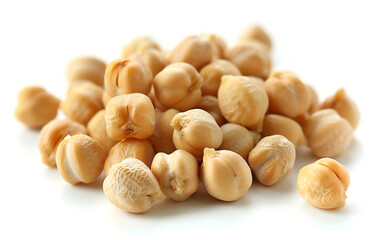 Chickpeas, raw and uncooked. Full body photo of dry yellow colored shelled garbanzo beans on a white background. Close up view of chickpeas for cooking or health food concept. A handful of chickpeas