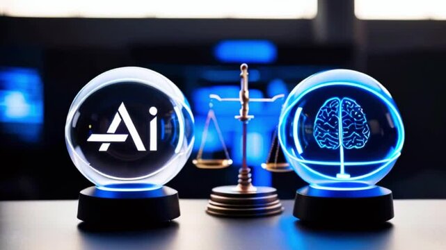 AI and a brain inside glowing orbs, with a scale of justice in the background, representing the ethical implications of artificial intelligence.