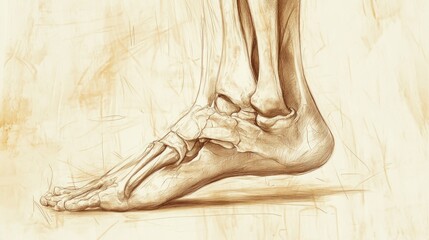 Detailed anatomical drawing of a human foot and ankle, showcasing the intricate bone structure. The illustration is rendered in sepia tones, creating a vintage feel.