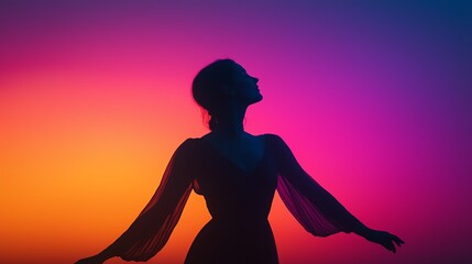 Silhouette of a woman dancing against a colorful sunset, embodying freedom and grace in a vibrant atmosphere.