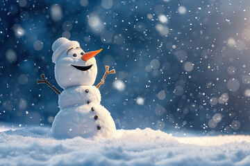 Christmas greeting card with bright winter holiday snowman and New Year background