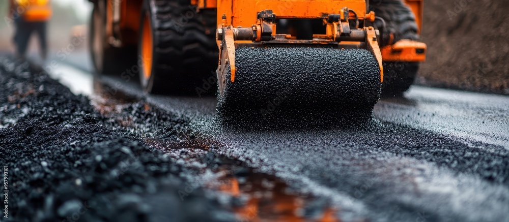 Wall mural close-up of asphalt roller compacting freshly laid asphalt on a road construction site