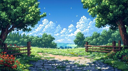 In a serene rural landscape, horses gallop across meadows of colorful blooms, framed by majestic mountains and a bright, cloudless sky.