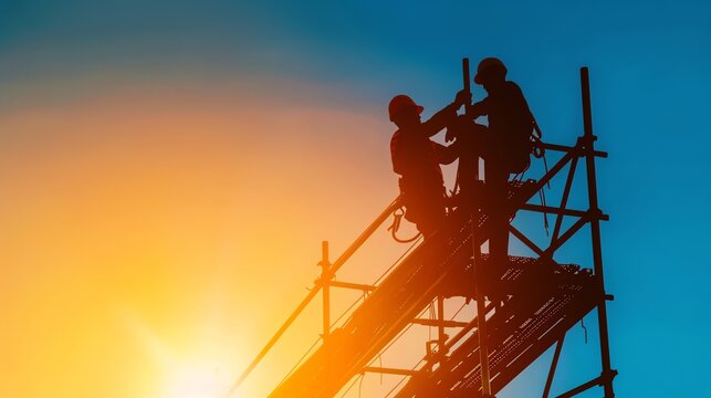 Silhouetted construction workers on scaffolding during sunset, highlighting teamwork and safety in the building industry.
