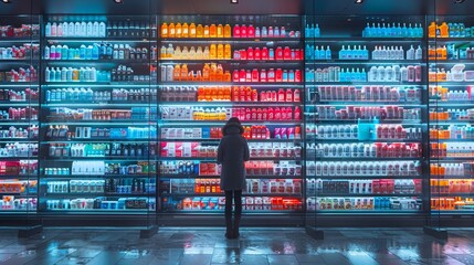 Person exploring a brightly lit aisle filled with colorful personal care products in a modern store during an evening visit