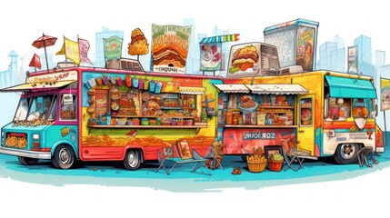 Food truck illustration design, with various kinds of wet food and fast food snacks