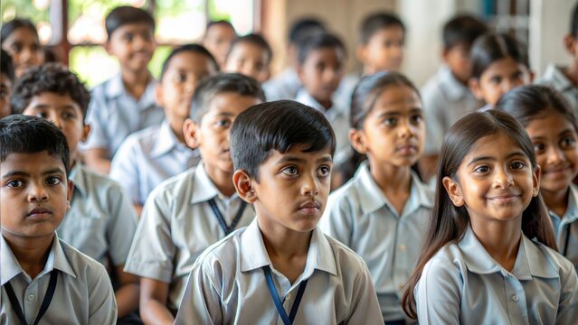 A large group of Indian school children gathered in a school assembly, reflecting discipline and unity in education.