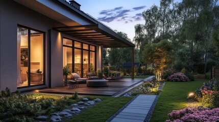 Summer evening on the patio of beautiful suburban house with garden