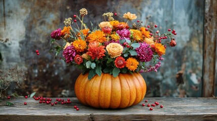 A pumpkin shaped vase filled with flowers