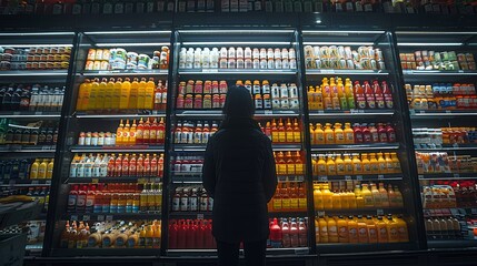 A person examines a colorful array of juice selections in a supermarket aisle during evening hours for healthy beverage choices