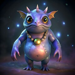 A charming 3D illustration of a friendly. purple creature with large eyes and a golden necklace.
