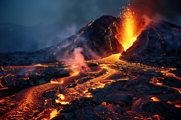 Naklejka premium Generative ai on theme of erupting volcano with cascading hot lava surrounded thick white smoke