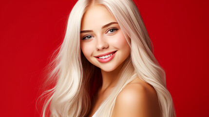 Naklejka premium Portrait of a smiling cheerful blond teenage girl with long white hair and perfect skin, red background, banner.