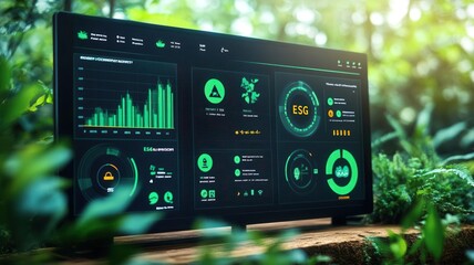 A digital interface showing the progress of an ESG initiative, with environmental and social impact indicators prominently displayed