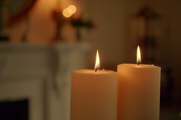Dim candlelight. Memory. Wick. A pair of burning candles. Ritual. Ceremony. Prayer. Quiet contemplation, copy space. Retreat