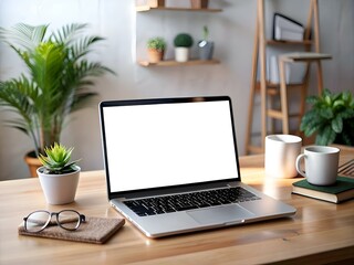 Fototapeta premium A sleek laptop with a blank screen sits on a wooden desk. ready for your design.