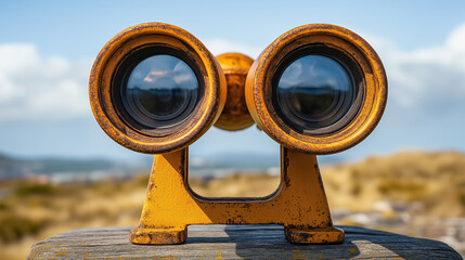 Rusty yellow binocular viewer stands on a wooden platform with a scenic landscape in the background, symbolizing exploration and curiosity.