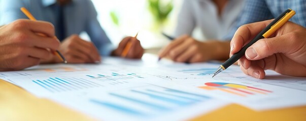 Team discussing a business plan with charts and projections, collaborative planning