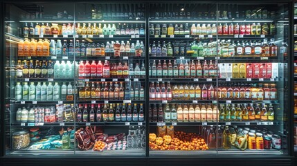 Fototapeta premium A well-stocked beverage cooler showcasing a variety of drinks and snacks in a grocery store during evening hours
