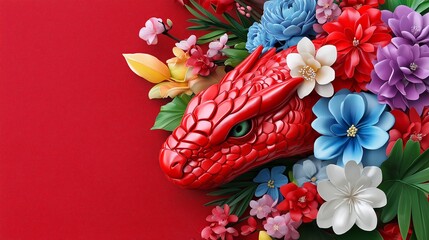 A red dragon with green eyes is surrounded by a colorful flower arrangement. The dragon is the main focus of the image, while the flowers add a touch of nature and beauty to the scene