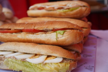 Panini sandwich with chicken and various vegetables.