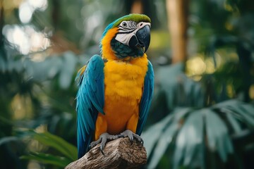 Obraz premium A Blue and Gold Macaw Perched on a Branch in a Lush Green Forest